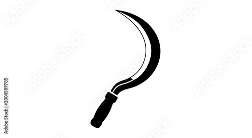 Foto A black silhouette of a curved sickle with a wooden handle on a white background, ready for harvest