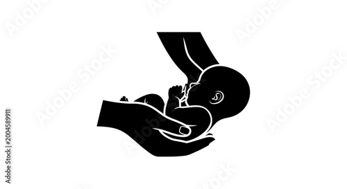 A tender black silhouette showing an adult's hands gently cradling a newborn baby, symbolizing care, protection, parenthood, love, family, and new life.
