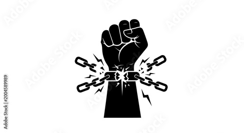 Billede på lærred A powerful black silhouette of a clenched fist breaking chains symbolizes strength, freedom, and the overcoming of oppression