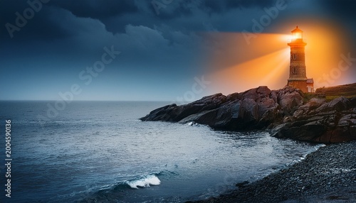 haunted lighthouse on a rocky coast glowing orange light beaming from the top