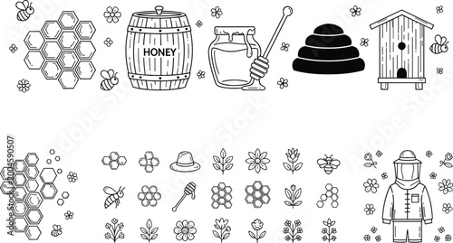 Canvas Print Honeybee and Beekeeping Icon Set with Honeycomb, Hive, Bee Keeper, Flowers, and