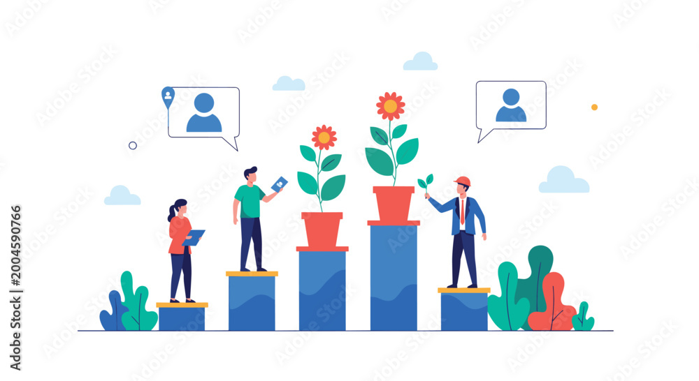 Fototapeta premium People standing on a bar graph caring for growing plants as flowers to represent business growth and team development in a professional environment.