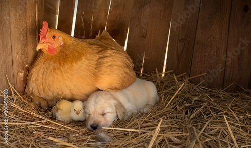 Heartwarming scene of a protective hen nesting with her chicks and a sleeping puppy in straw, symbolizing unlikely friendship, adoption, nurturing care, and peaceful harmony.