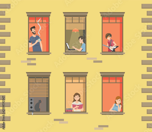 Cuadro en lienzo Neighbors Engaging in Different Activities in Apartment Windows Illustration