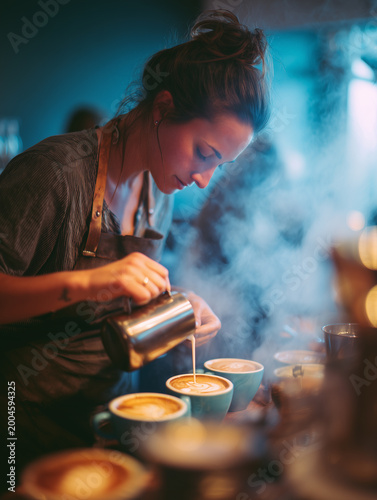 Female barista skillfully creates latte art in bustling cafe during a cinematic morning filled with coffee aroma and blurred cups