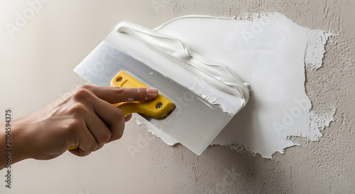 Professional wall plastering technique | Applying white joint compound with putty knife | Home interior wall renovation and repair | Close-up of worker skimming a wall surface