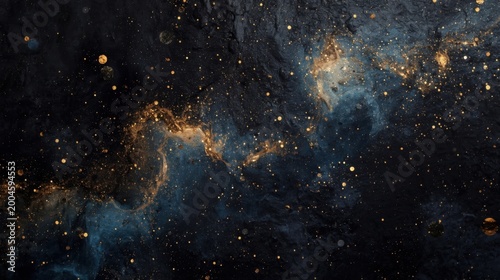 Elegant abstract galaxy background with gold and dark blue tones, cosmic splatter effect, luxury starfield texture for modern designs and creative projects
