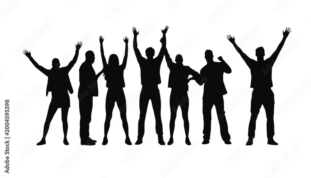 Fototapeta premium People stand in a row as black silhouettes against a clear white background with their arms raised high, representing a successful team celebrating a collective achievement and corporate victory.