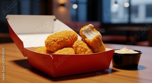 Crispy Chicken Nuggets in Red Box with Dip, Close-up Food Photography