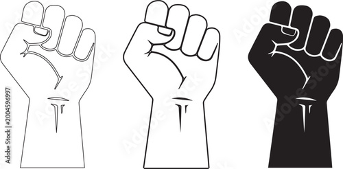 Raised fist icon set in outline and black silhouette styles symbolizing power protest and solidarity