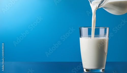 milk pouring into glass on clean blue background