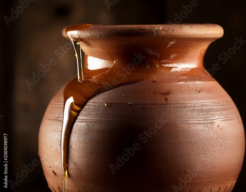 close up of old clay jar with dripping oil symbolic lighting rustic texture