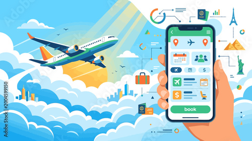 Hand holding smartphone with travel app.