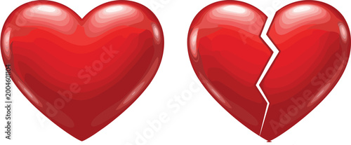 Cuadro en lienzo Red heart icon set with whole and broken love symbol glossy vector illustration