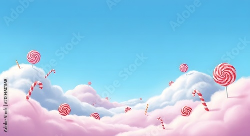 Candy land dreamscape a whimsical sky filled with lollipops and fluffy clouds