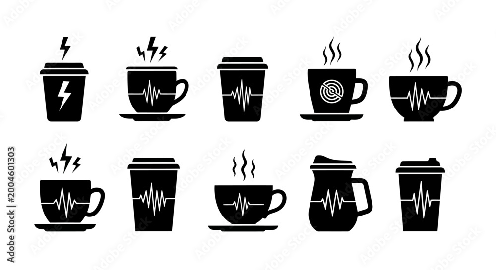 Obraz premium Collection of ten black icons of coffee cups and mugs featuring lightning bolts and heart rate monitor pulse lines for energy drink branding on white ground