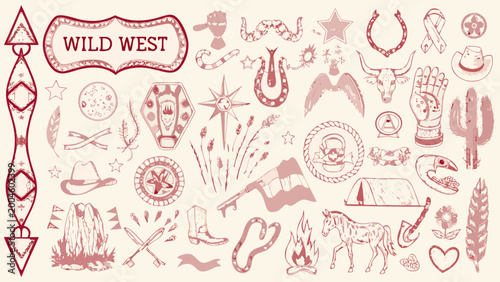 Schilderij op canvas wild west themed doodle set illustration with cowboy hat cactus and horseshoe in