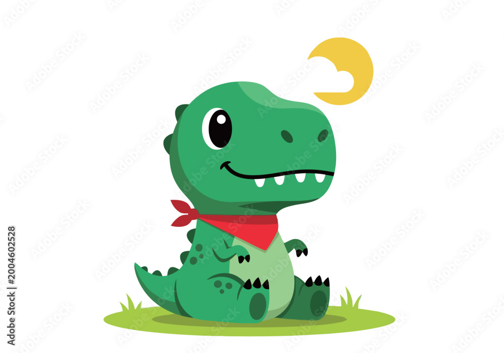Obraz premium Cute Baby T-Rex Cartoon Dinosaur Sitting with Red Bandana Under Crescent Moon Vector Illustration for Kids Nursery