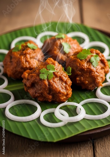 Grilled meat skewers on green banana leaf with lime wedges beef cubes skewered meat