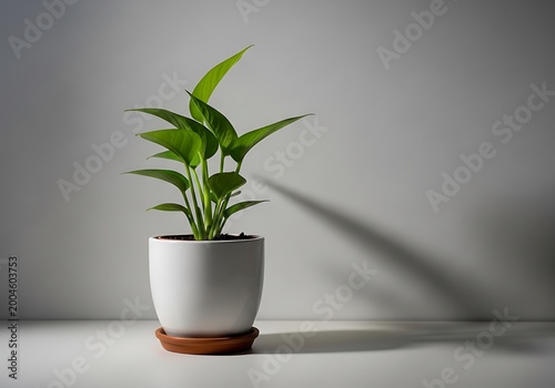 Small green plant in terracotta pot on wooden surface, minimalist style small plant