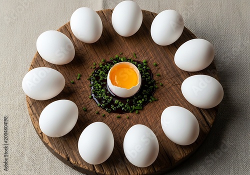 Wooden bowl filled with white eggs and a single green matcha egg yolk green egg yolk