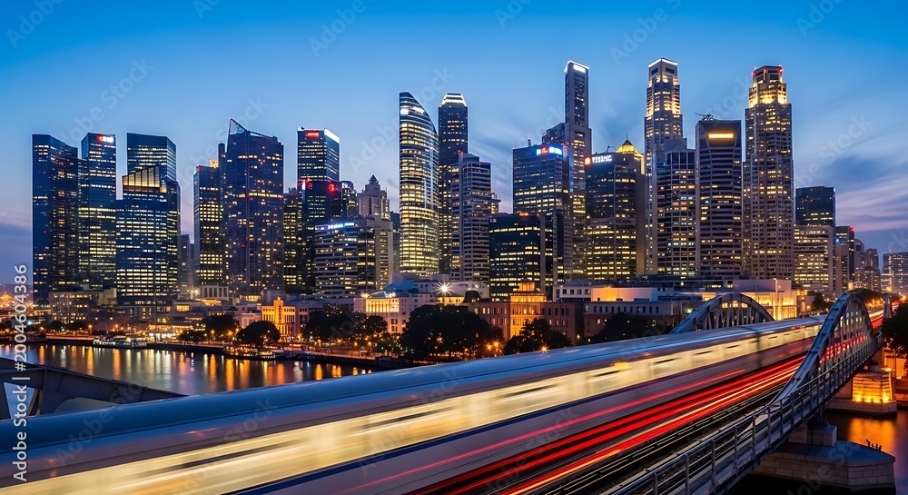 Obraz premium City skyline with river and traffic lights at dusk