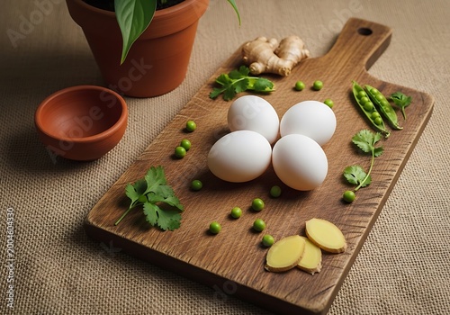 Wooden cutting board with halved eggs, fresh herbs, and a small bowl of salt parsley