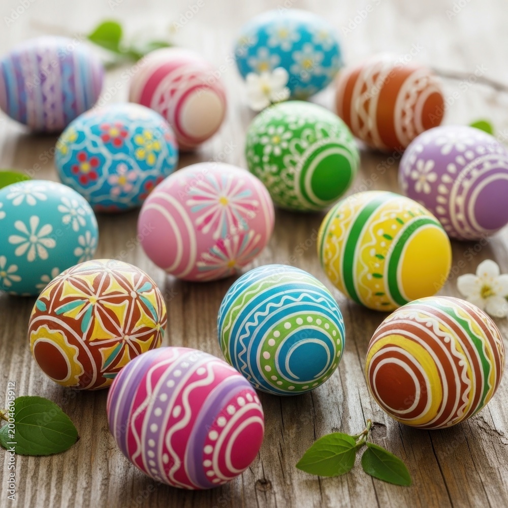 Fototapeta premium Colorful Decorated Easter Eggs on Wooden Surface