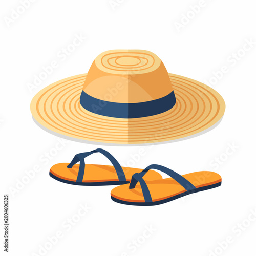 A stylish summer hat and flip-flops on a sandy beach scene
