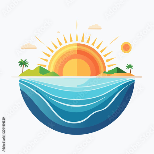 Sun rises over serene tropical island with blue ocean and palm trees