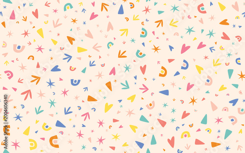Fancy doodle pattern with stars, hearts and rainbows. Vector illustration