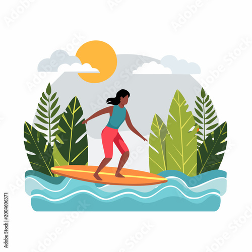 Woman surfing on a board through tropical water with palm trees and sun.