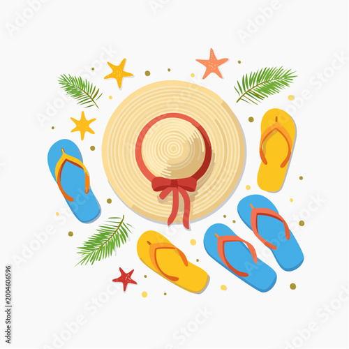 Summer vacation accessories arranged on a sandy beach background with seashells and starfish