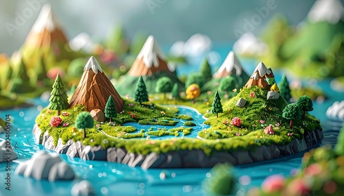 Miniature world featuring mountains, trees, grass, water, and snow, in an eye-level close-up perspective