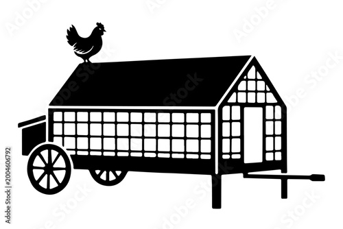Foto Mobile Chicken Coop Silhouette, Farm Chicken Tractor Vector Illustration