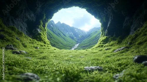 Lush Cave Entrance Framing Mountain Valley Landscape Serene Nature Scene.