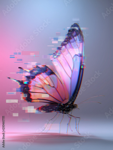 Surreal pastel butterfly with glitching wings flying through pixelated neon fog in a dreamlike scene