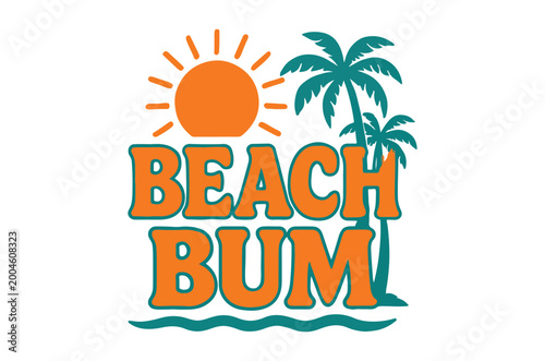 beach bum logo with sun and palm trees