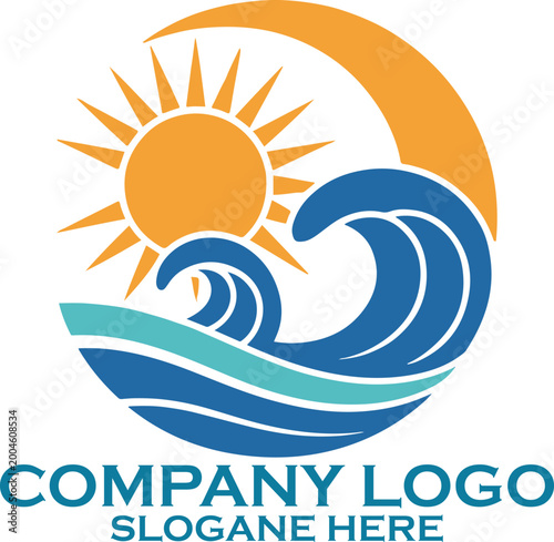 Sun and Waves Logo Symbolizing Warmth Ocean Movement Nature Energy and Coastal Freedom