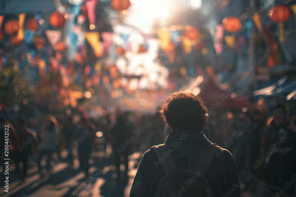 Fototapeta premium Walking through a vibrant street festival with blurred lanterns and colorful flags during a warm evening