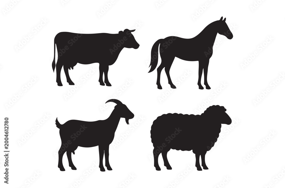 Fototapeta premium farm animals silhouettes on white background high quality