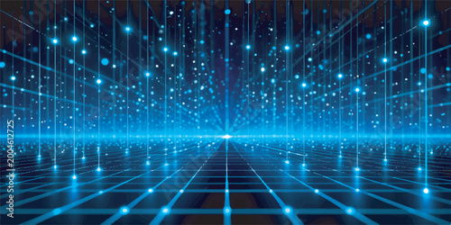 Tableau sur toile A glowing blue abstract background features fiber optic light spots bursting wit