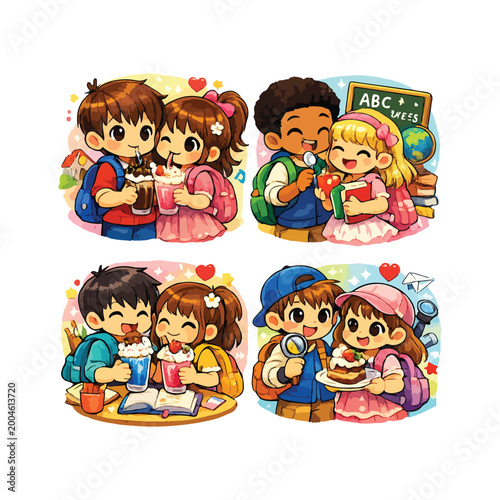 Cute cartoon characters with backpacks, books, and school accessories. Great for educational and school-themed projects