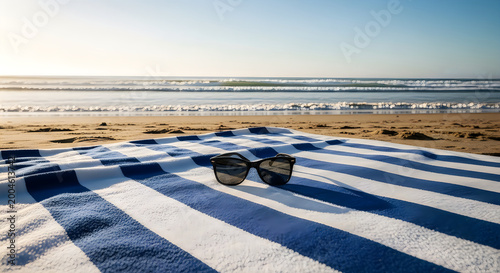 Beach towel with sunglasses laid out on the sand with gentle ocean waves in the background under a clear sky