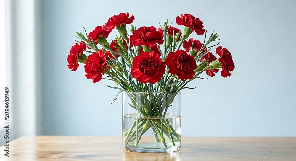 Obraz premium vibrant red carnations bouquet in clear glass vase on wooden table with soft natural light