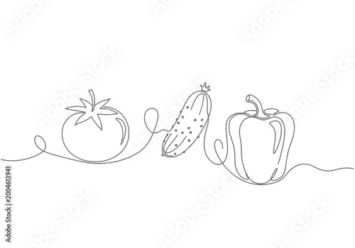 Continuous one line drawing of fresh tomato, cucumber, and bell pepper vegetable