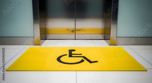 Yellow mat with black wheelchair symbol in front of modern elevator doors