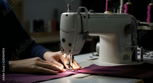 Close-up of hands skillfully guiding fabric through a sewing machine needle in a dimly lit workshop creating a new garment