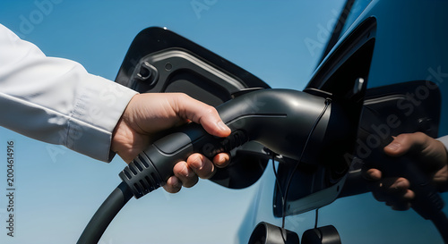 Hand plugging electric vehicle charging cable into car port for clean energy recharge