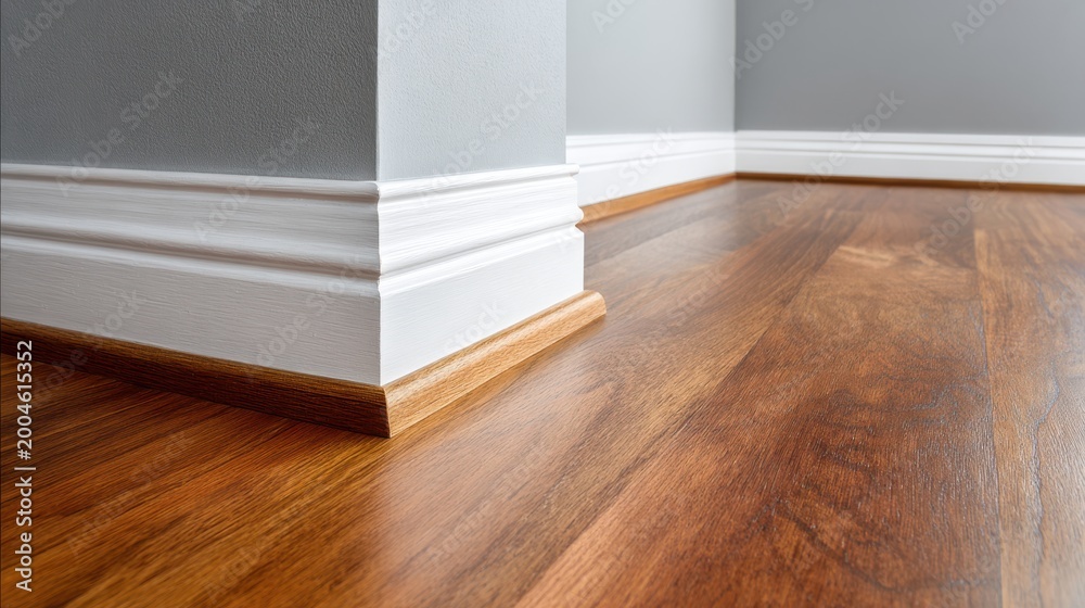 Fototapeta premium Close up of wood laminate flooring with white baseboards and shoe molding in a modern home interior